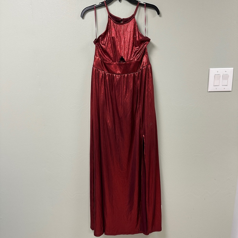 Francesca's Metallic Red Halter Maxi Dress Cutout High Slit Large